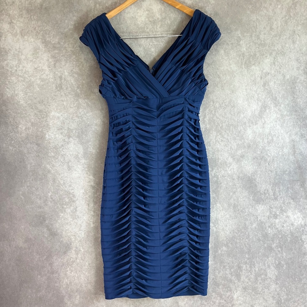 Adrianna Papell Sheath Dress Women 6 Blue Pintuck Pleated V-Neck Cap Sleeve